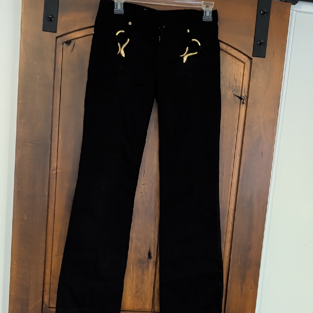 Roberto Cavalli Black Pants with Gold Button And Gold Snake Hardware By Pockets